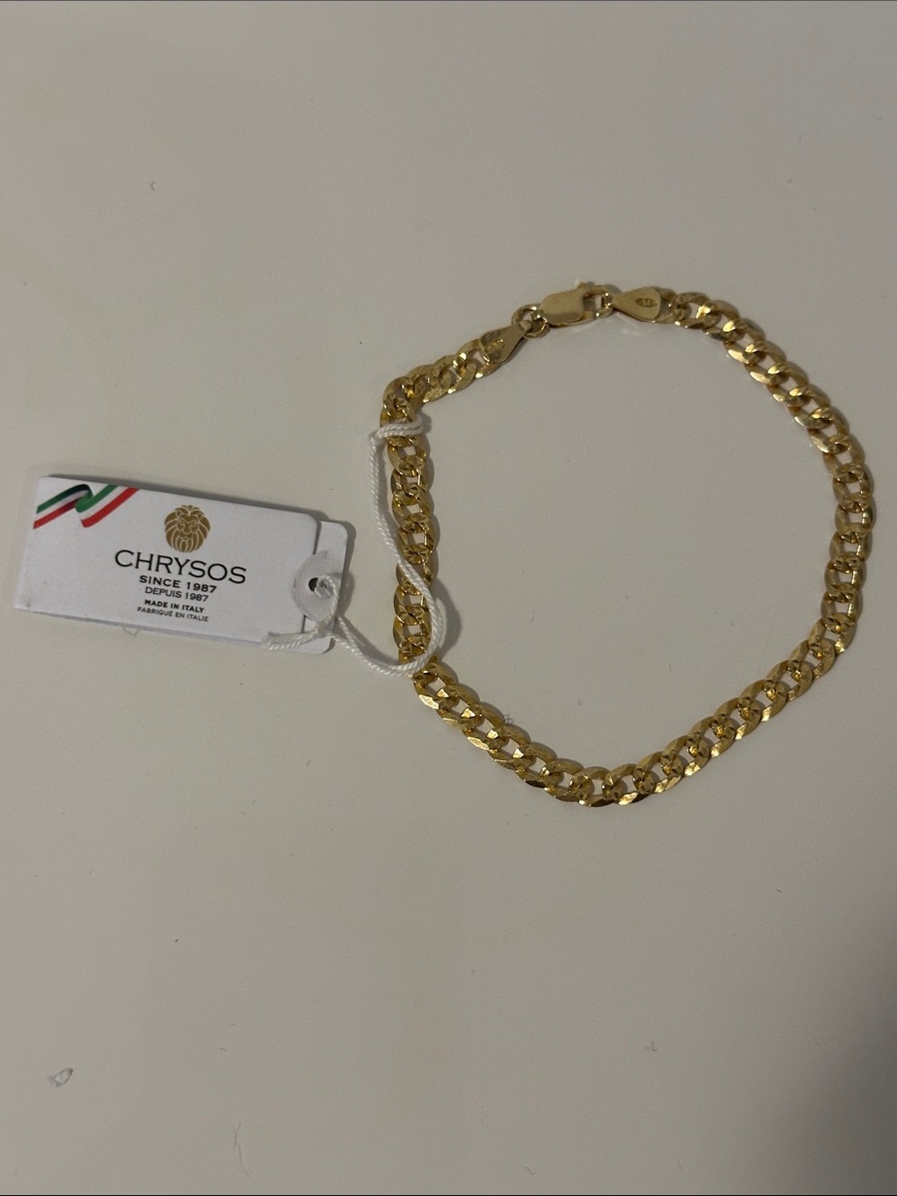 NWT Chrysos Italian Gold Plated 925 Sterling Silver Curb Link Chain Bracelet